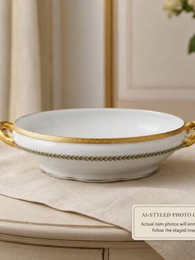 C. Ahrenfeldt Limoges France Open Serving Bowl | Green Laurel Gold Handles